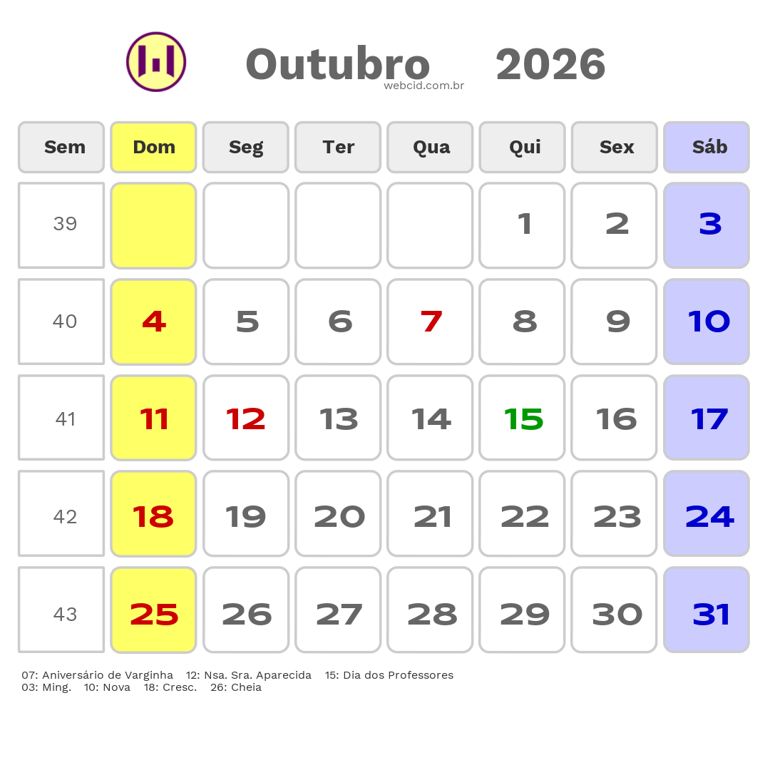 Calendário 2026 - Outubro - Varginha-MG com feriados e fases da lua