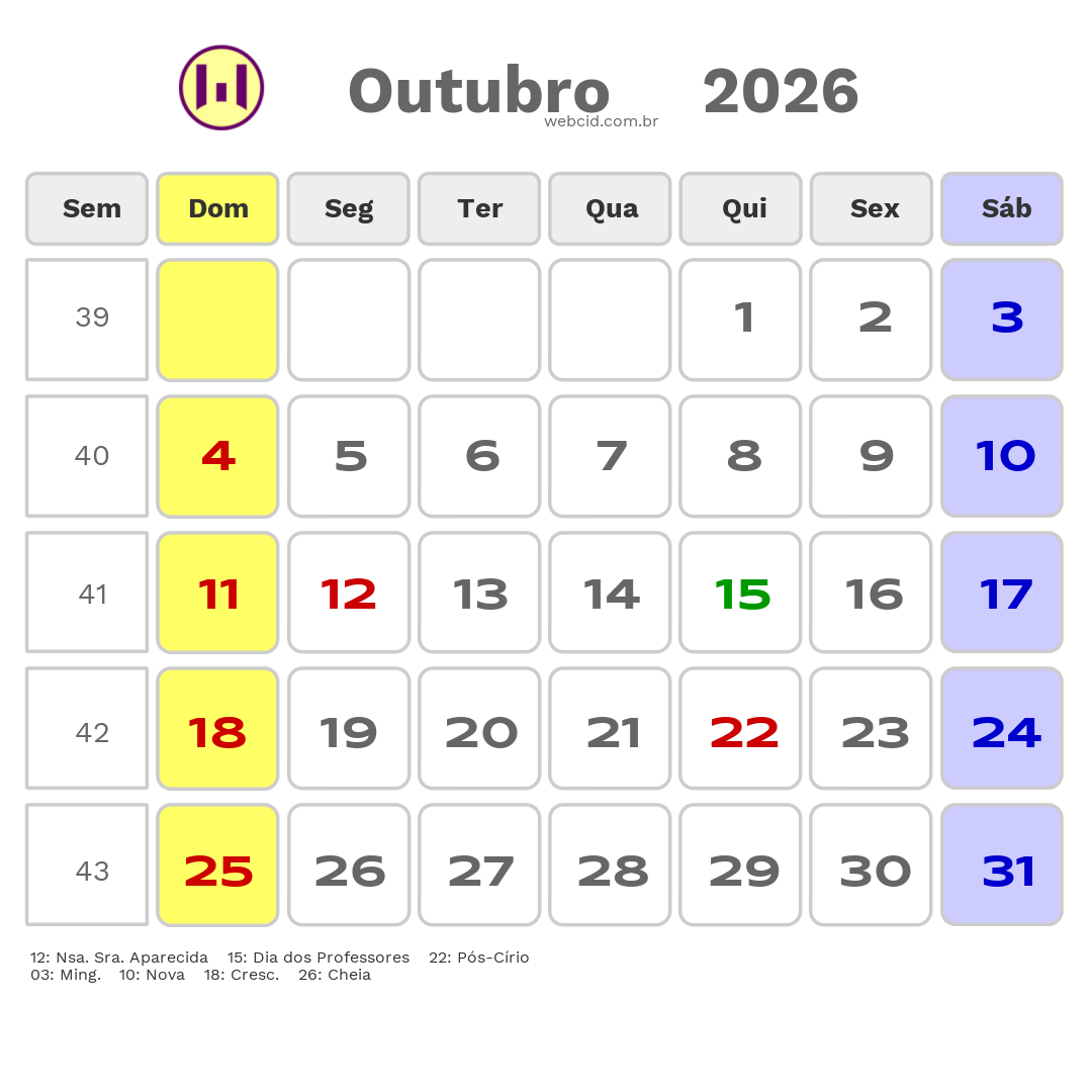 Calendário 2026 - Outubro - Castanhal-PA com feriados e fases da lua