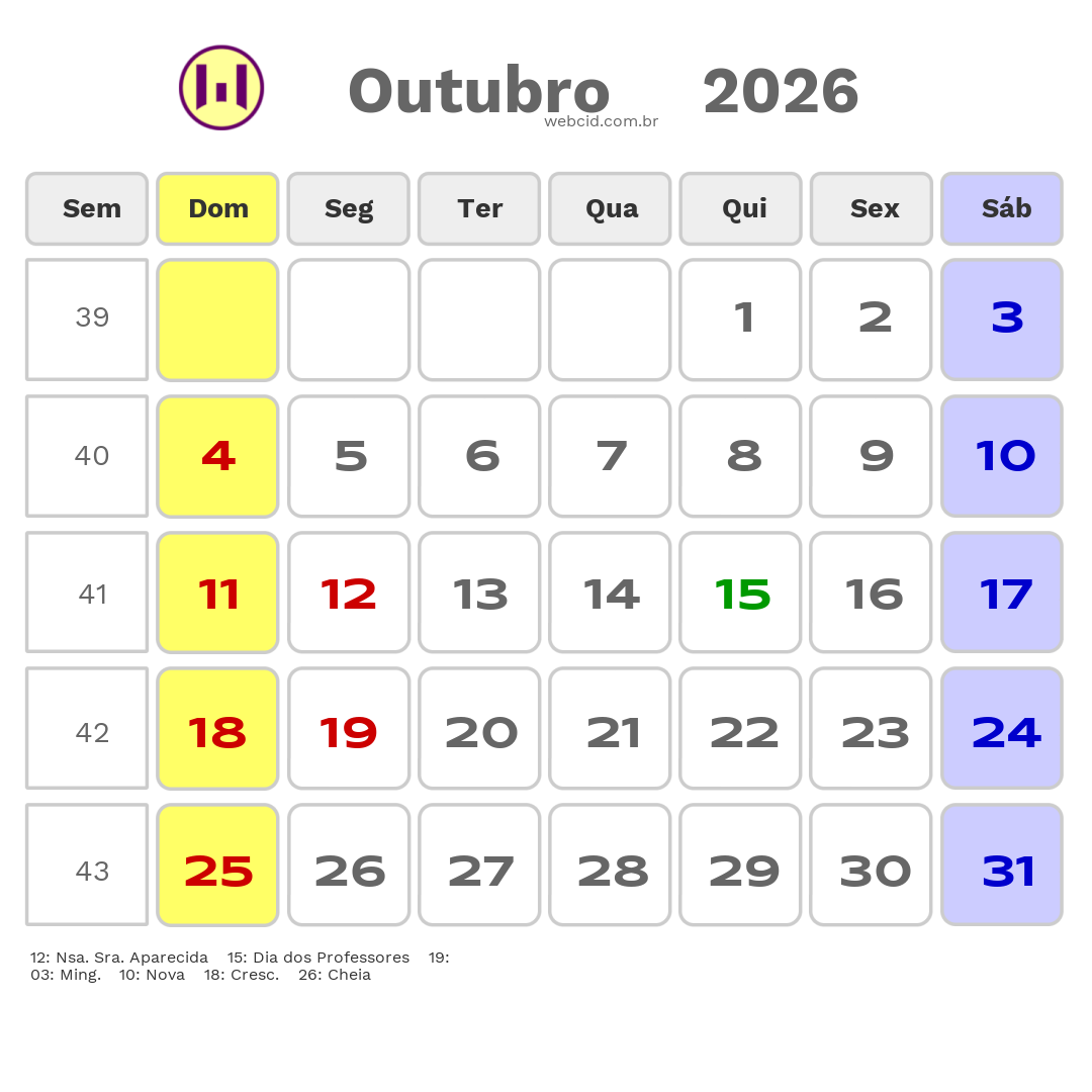 Calendário 2026 - Outubro - Jacarau-PB com feriados e fases da lua
