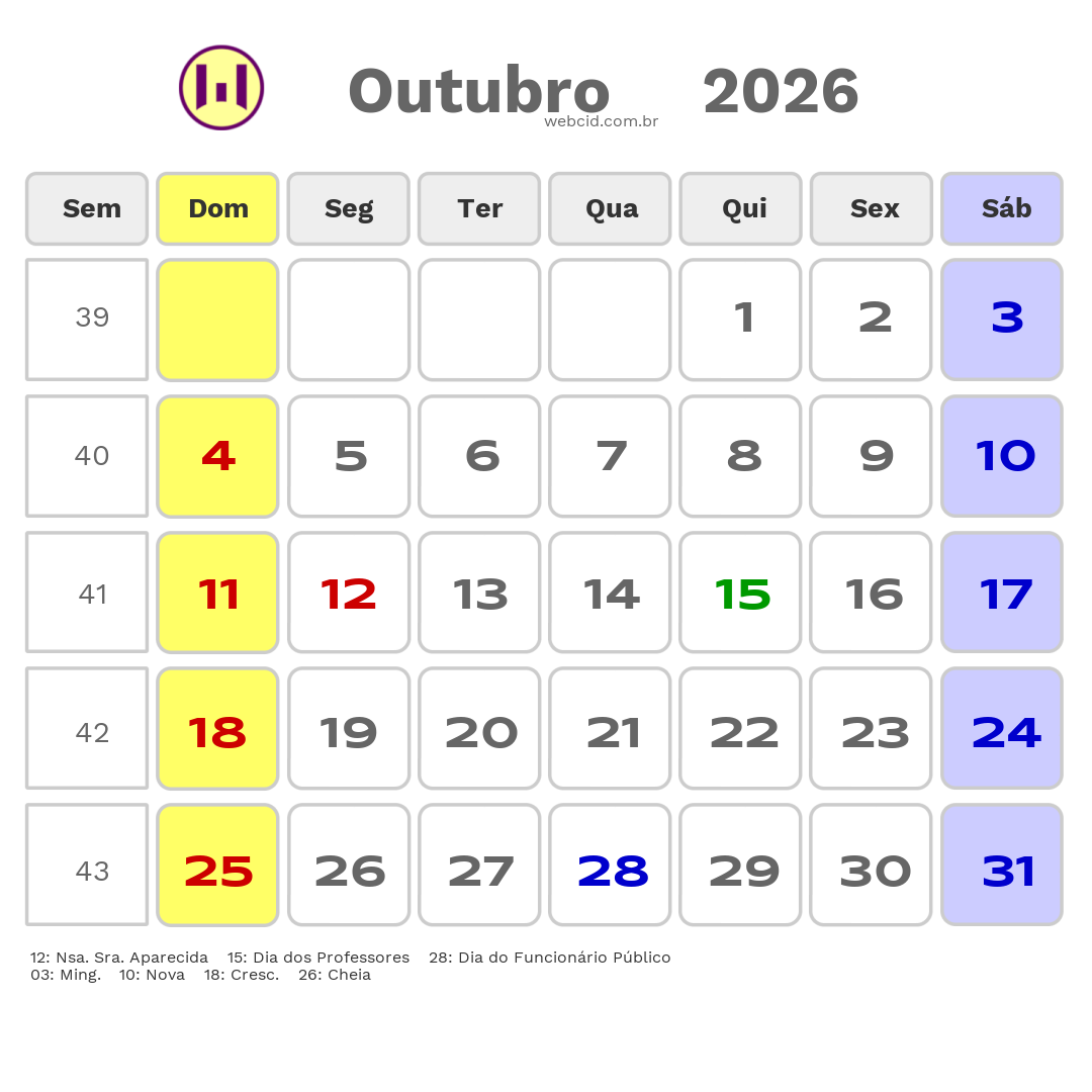 Calendário 2026 - Outubro - Curitiba-PR com feriados e fases da lua