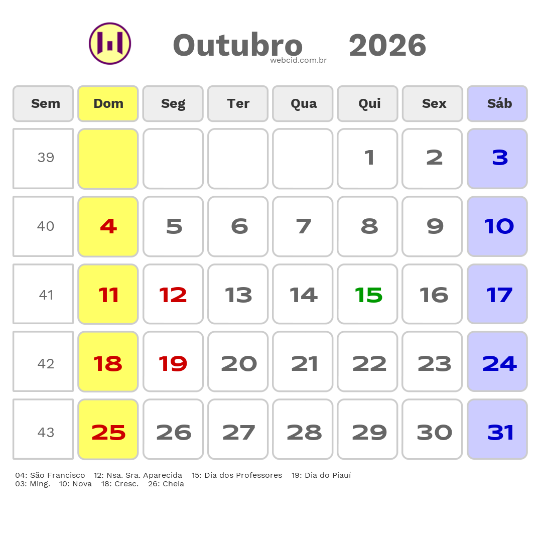 Calendário 2026 - Outubro - Parnaíba-PI com feriados e fases da lua