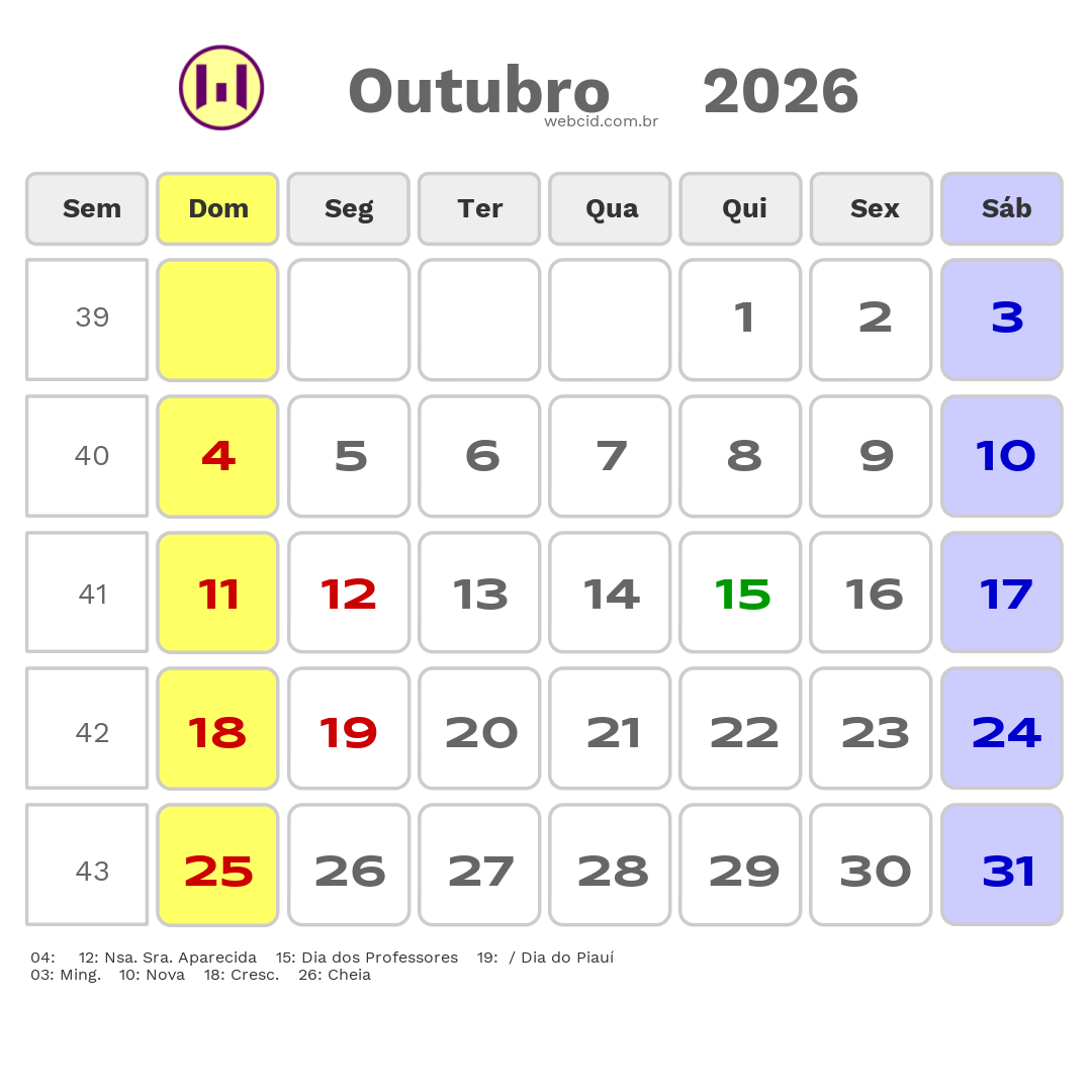 Calendário 2026 - Outubro - Picos-PI com feriados e fases da lua