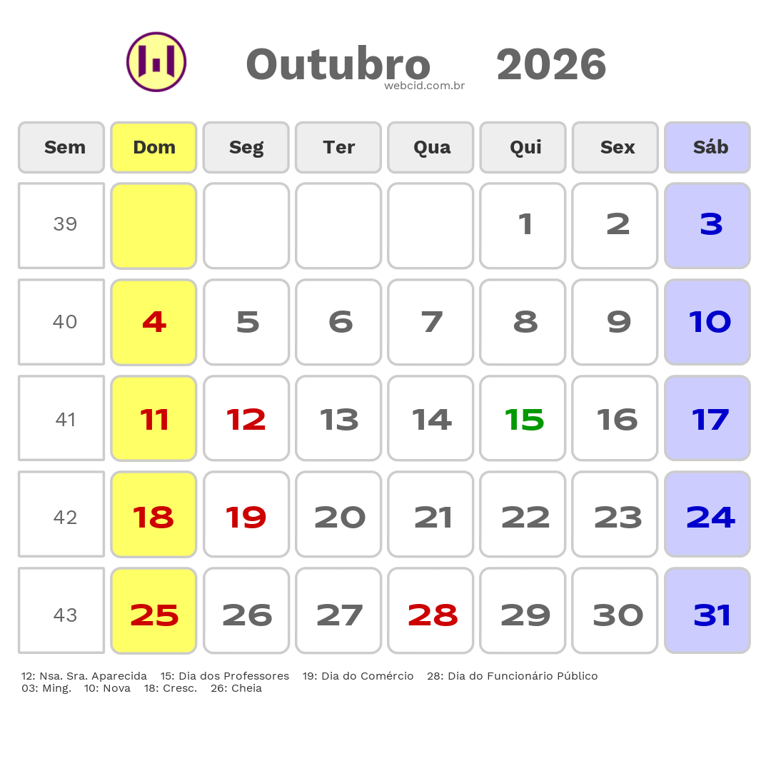 Calendário 2026 - Outubro - Petrópolis-RJ com feriados e fases da lua