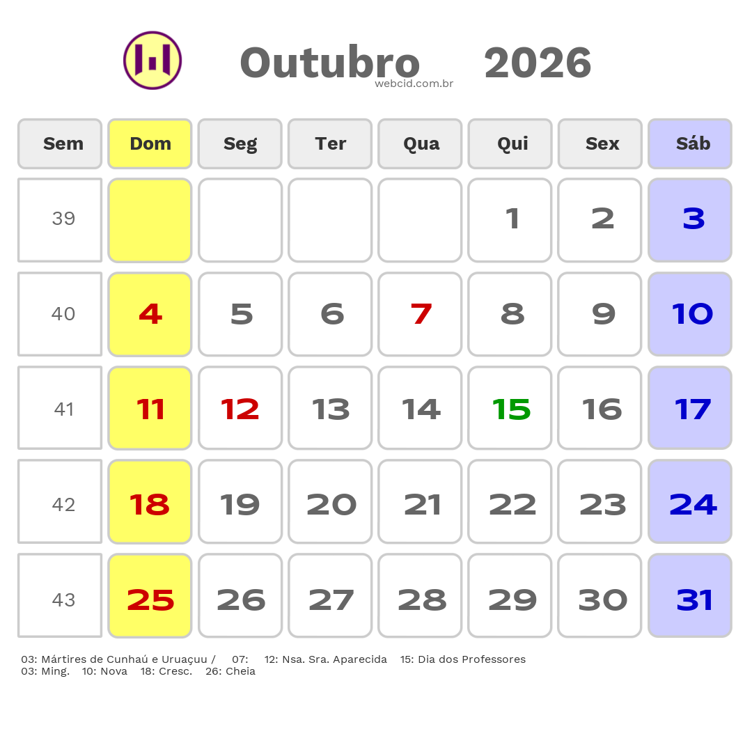 Calendário 2026 - Outubro - Alto do Rodrigues-RN com feriados e fases da lua