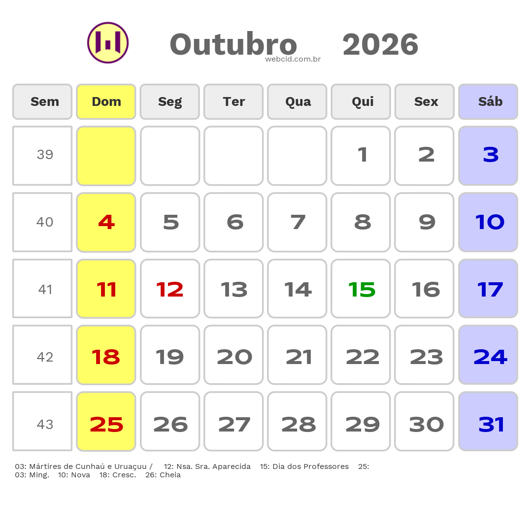 Calendário 2026 - Outubro - Carnauba dos Dantas-RN com feriados e fases da lua