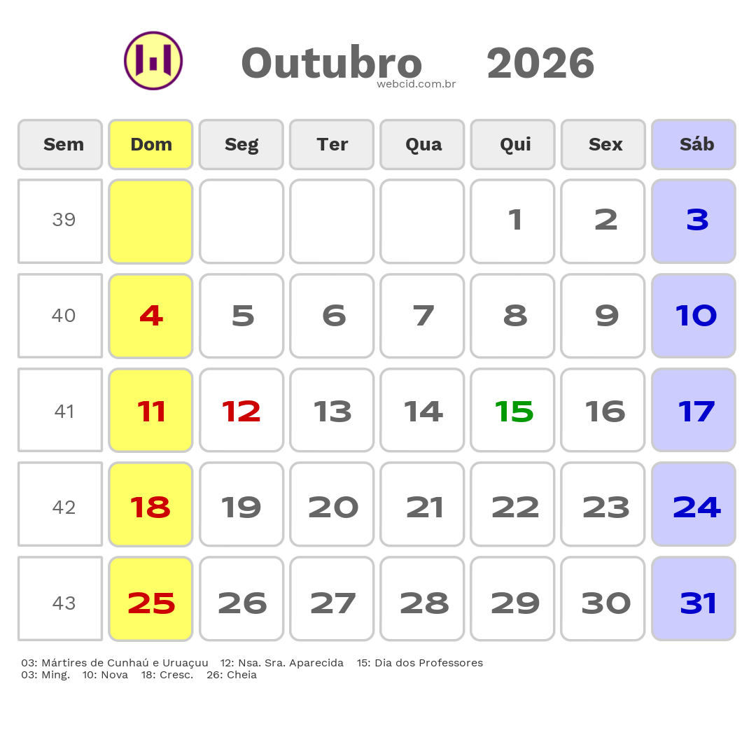 Calendário 2026 - Outubro - Natal-RN com feriados e fases da lua