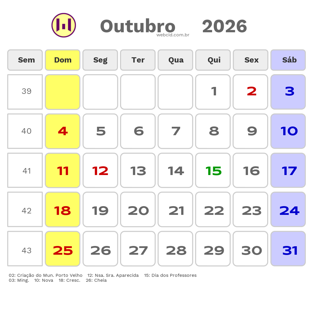 Calendário 2026 - Outubro - Porto Velho-RO com feriados e fases da lua