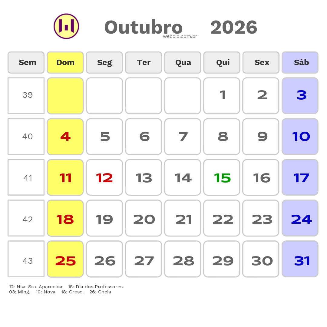 Calendário 2026 - Outubro - Chapecó-SC com feriados e fases da lua