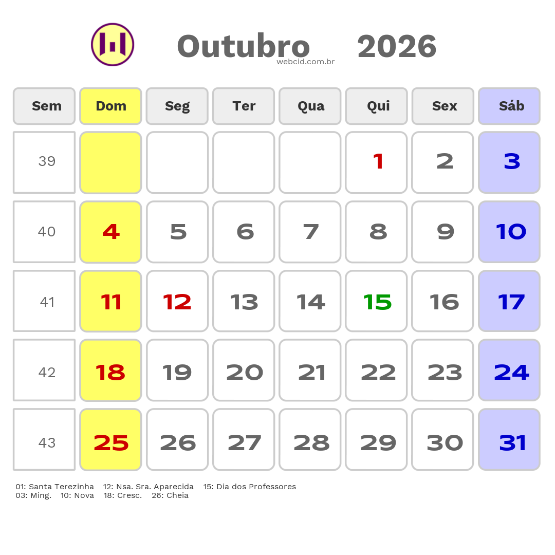 Calendário 2026 - Outubro - Campos do Jordão-SP com feriados e fases da lua