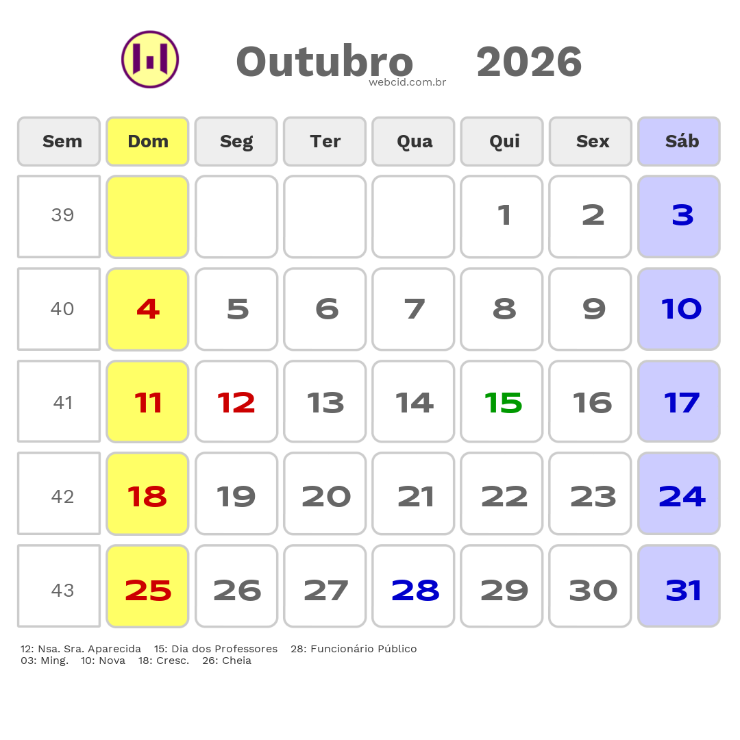 Calendário 2026 - Outubro - Ribeirão Preto-SP com feriados e fases da lua