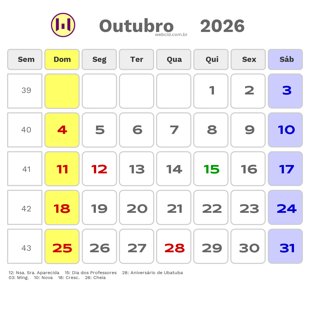 Calendário 2026 - Outubro - Ubatuba-SP com feriados e fases da lua