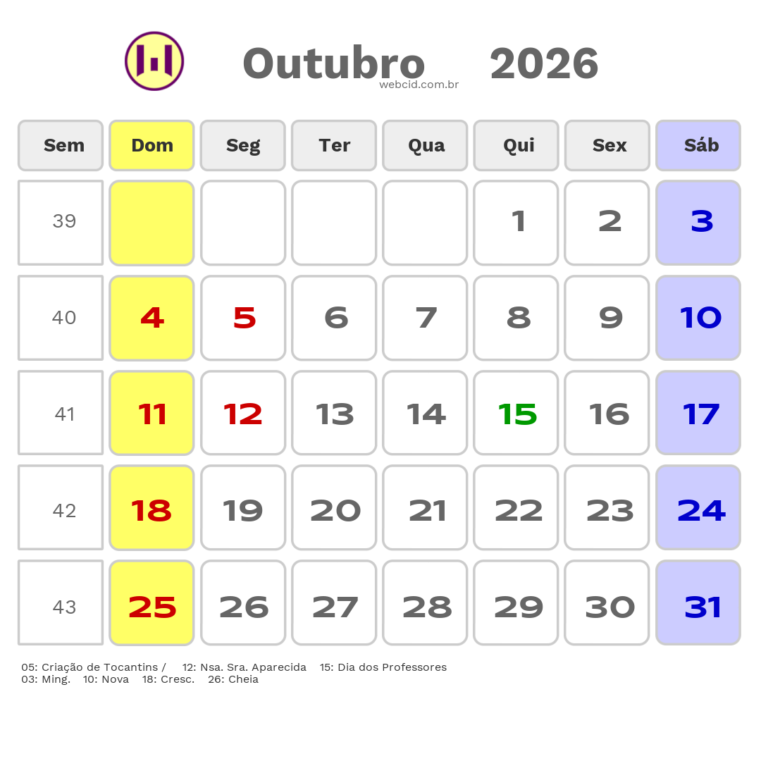 Calendário 2026 - Outubro - Alianca do Tocantins-TO com feriados e fases da lua