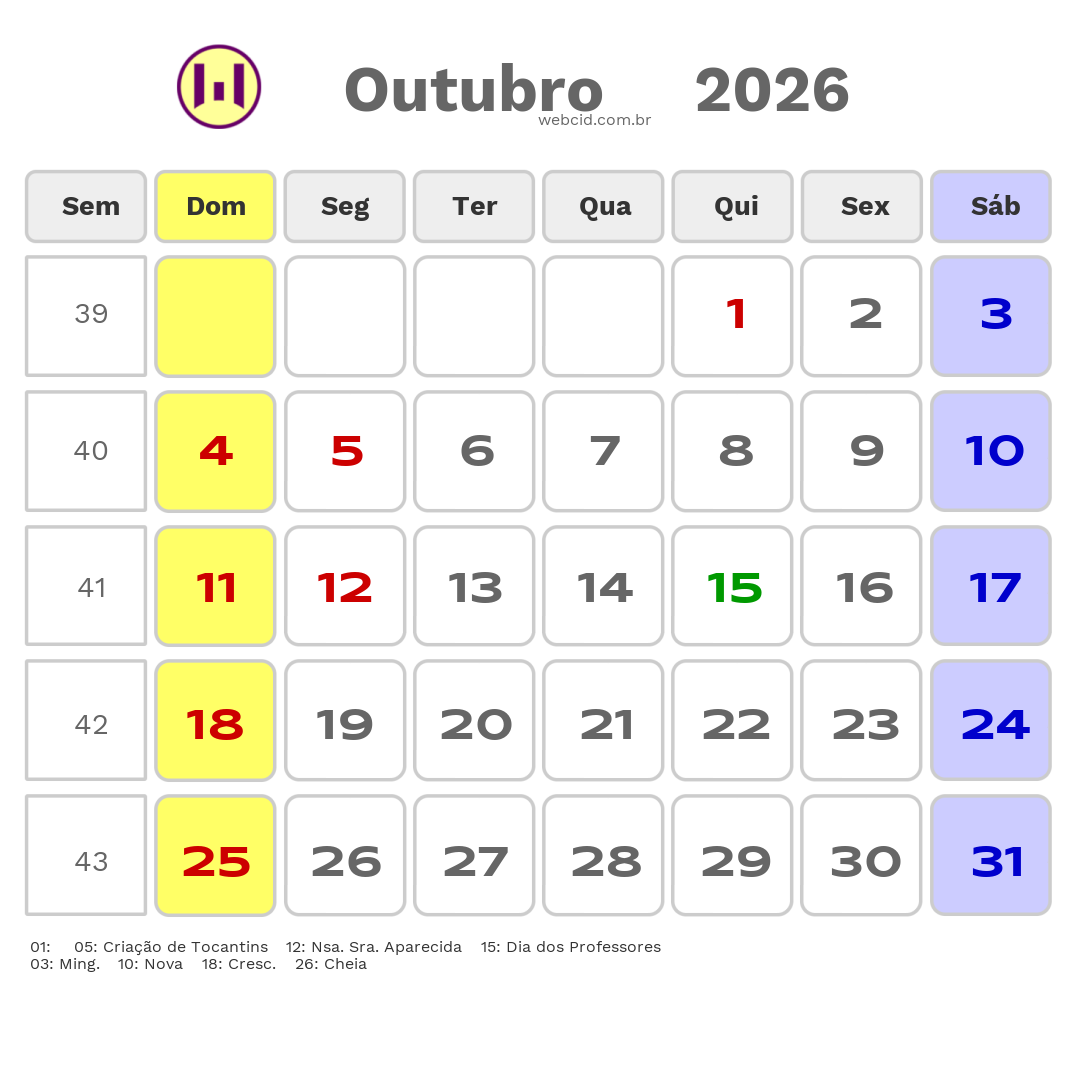 Calendário 2026 - Outubro - Miracema do Tocantins-TO com feriados e fases da lua