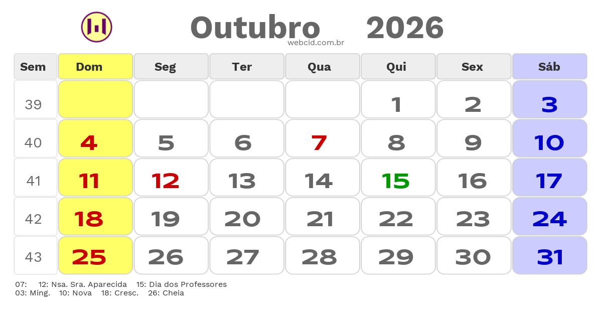 Calendário 2026 - Outubro - Penedo-AL com feriados e fases da lua