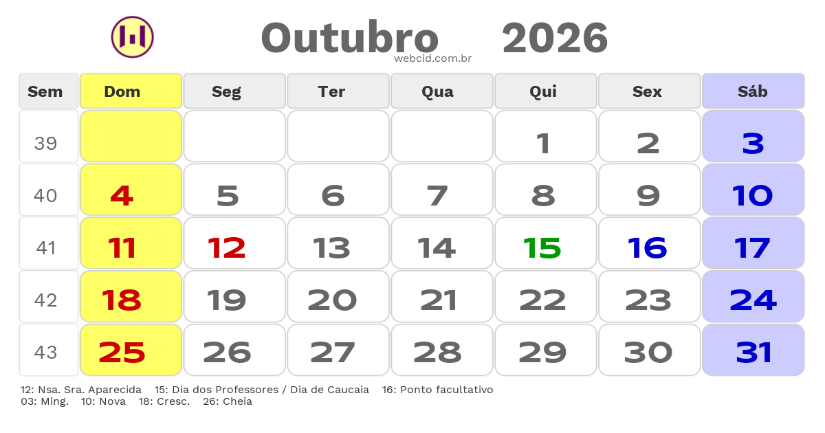 Calendário 2026 - Outubro - Caucaia-CE com feriados e fases da lua