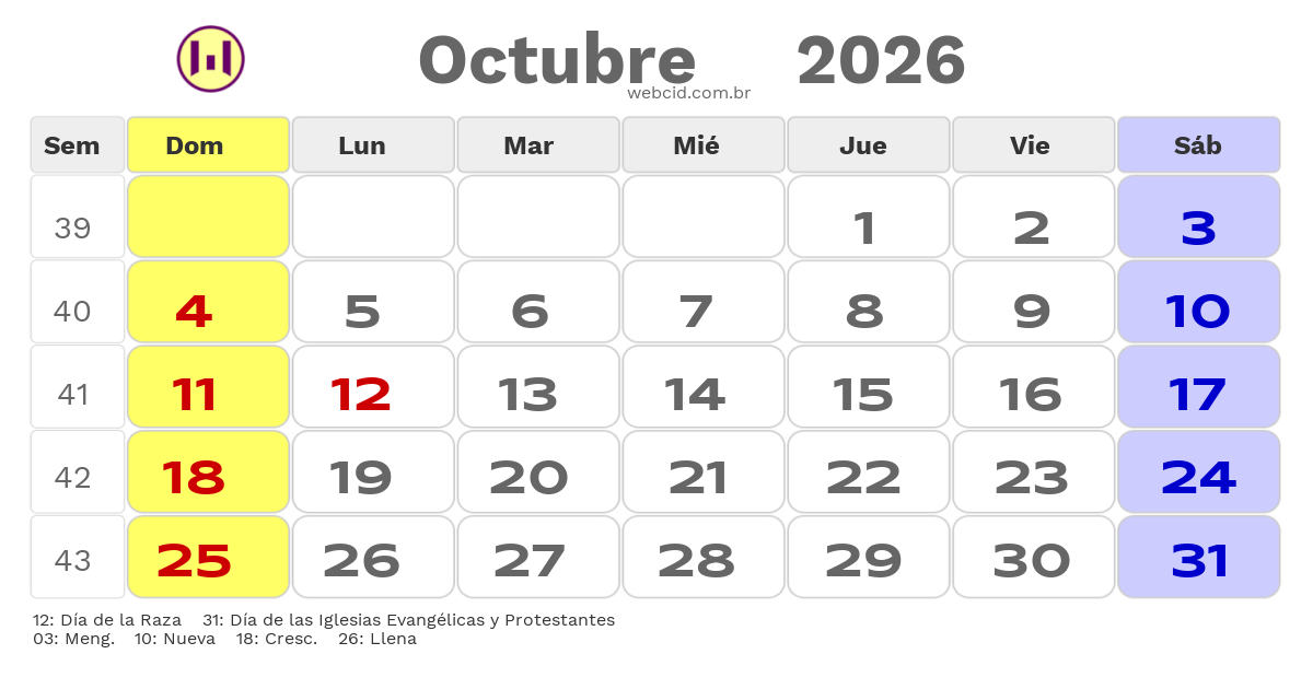 Calendario 2026 - Octubre - Chile com feriados e fases da lua