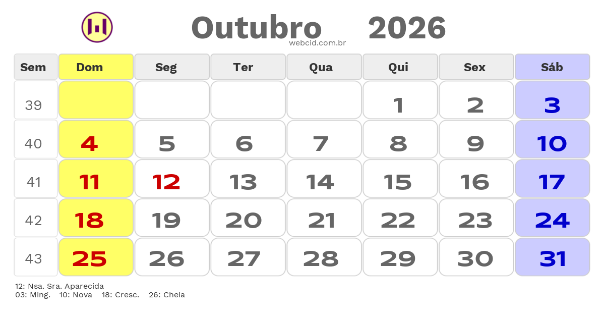Calendário 2026 - Outubro - Feriados Bancários com feriados e fases da lua