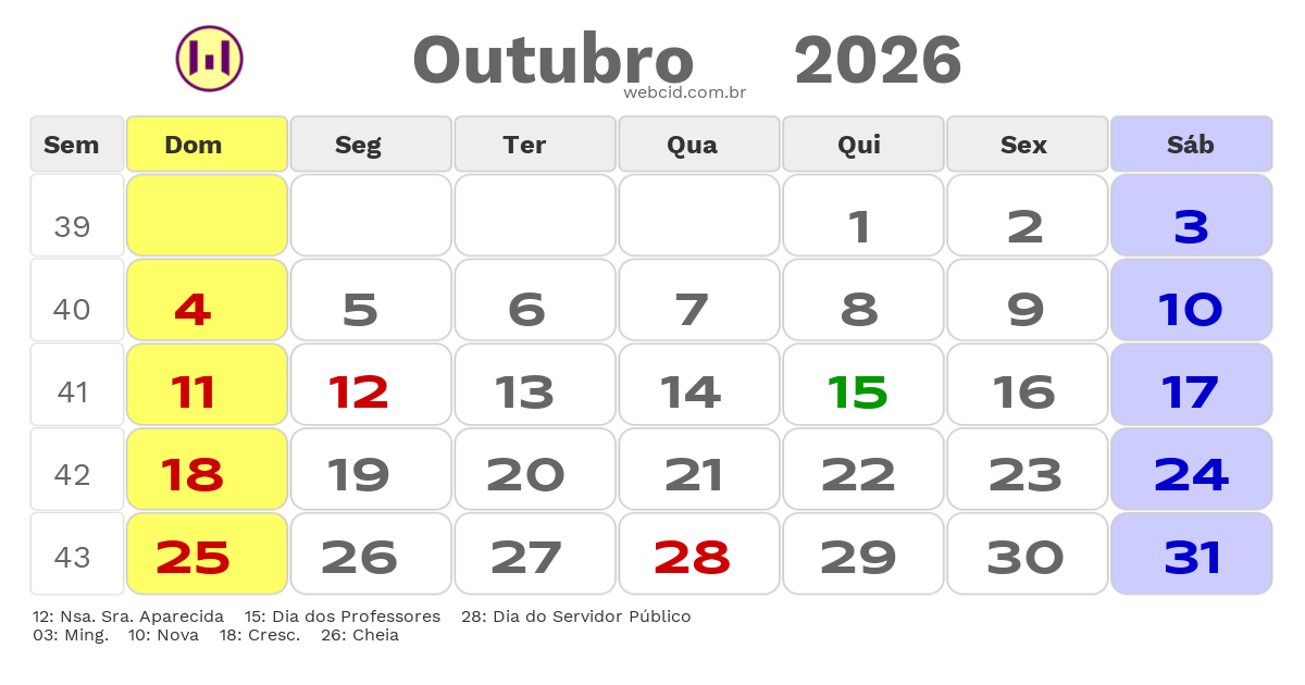 Calendário 2026 - Outubro - Luziânia-GO com feriados e fases da lua