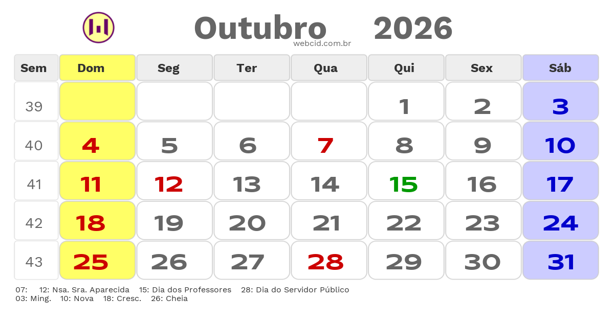 Calendário 2026 - Outubro - Pirenopolis-GO com feriados e fases da lua