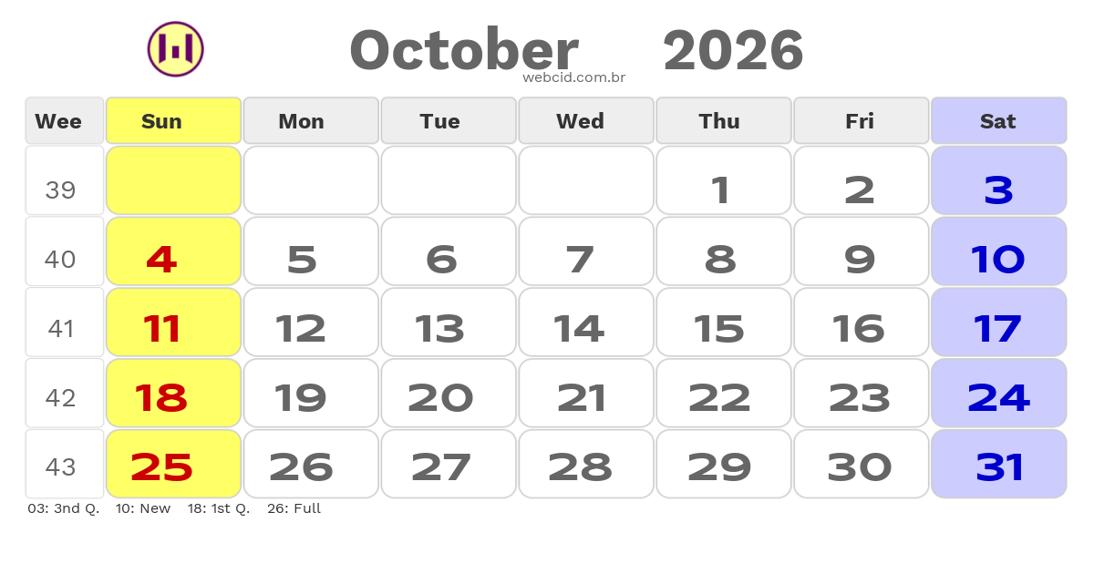 Calendar 2026 - October - Inglaterra com feriados e fases da lua