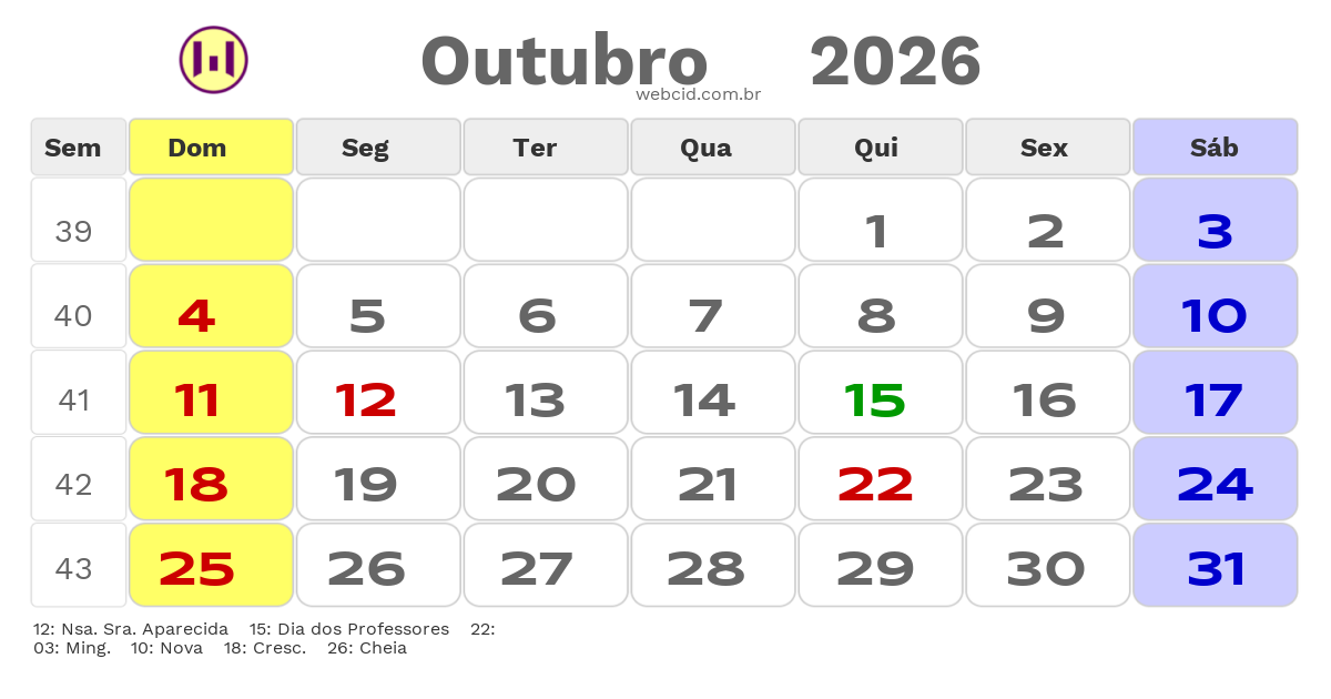 Calendário 2026 - Outubro - Timbiras-MA com feriados e fases da lua