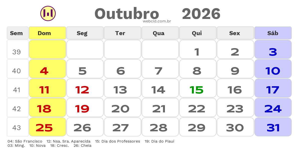 Calendário 2026 - Outubro - Paranaíba-MS com feriados e fases da lua