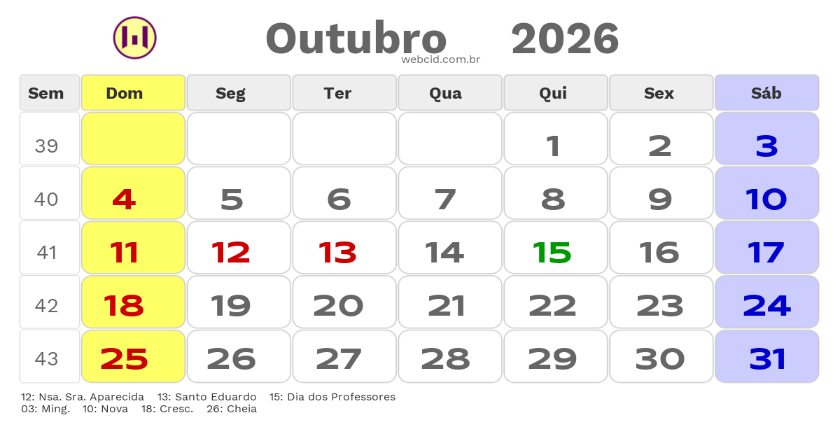 Calendário 2026 - Outubro - Lavras-MG com feriados e fases da lua