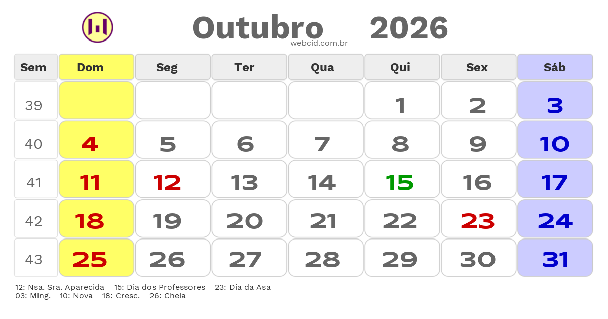 Calendário 2026 - Outubro - Santos Dumont-MG com feriados e fases da lua