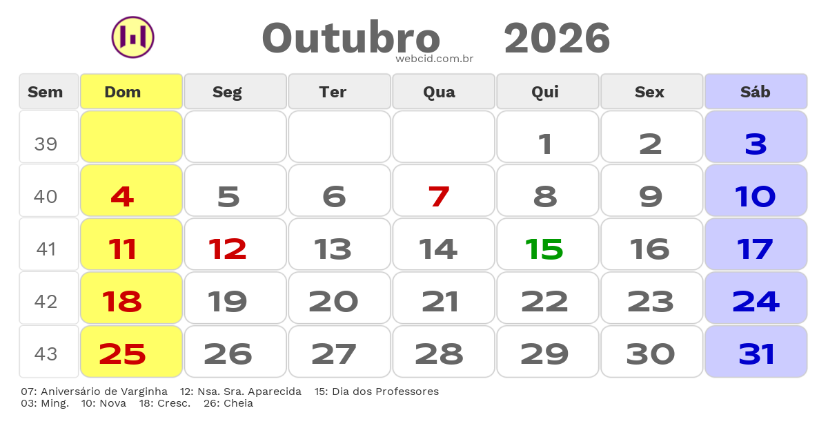 Calendário 2026 - Outubro - Varginha-MG com feriados e fases da lua