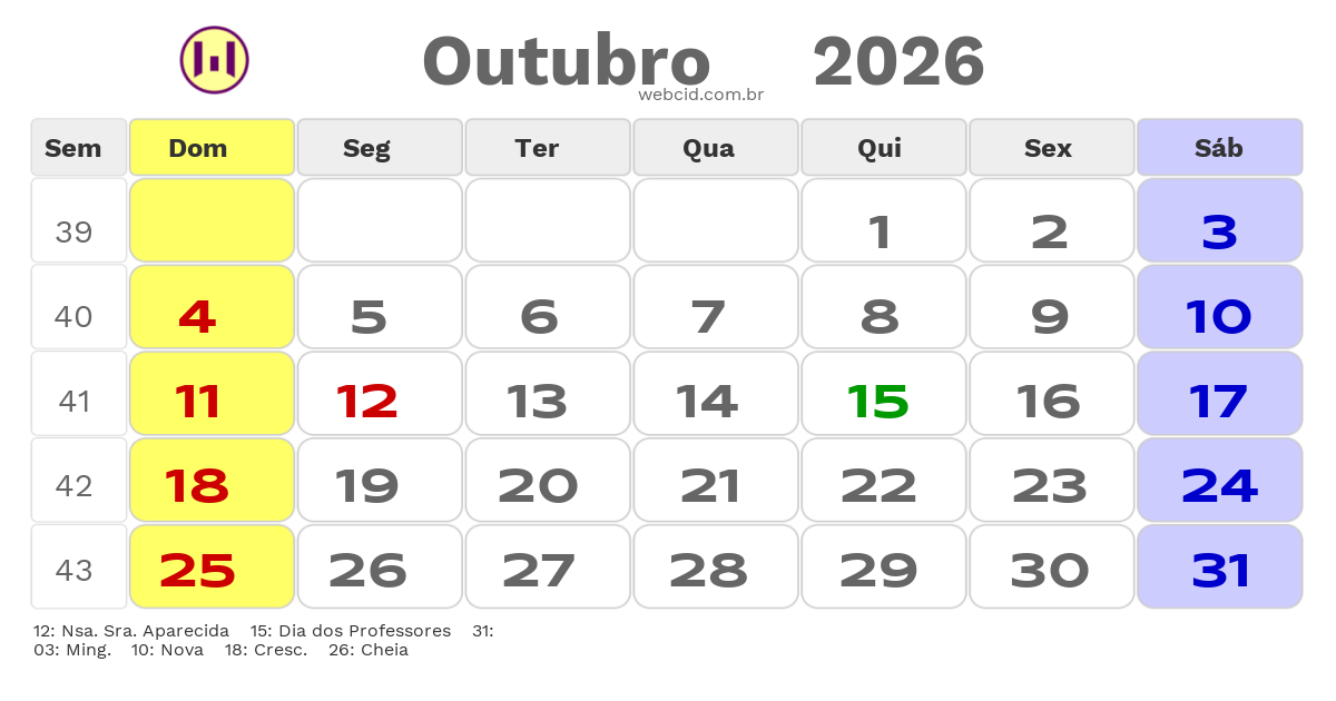 Calendário 2026 - Outubro - Ourilandia do Norte-PA com feriados e fases da lua
