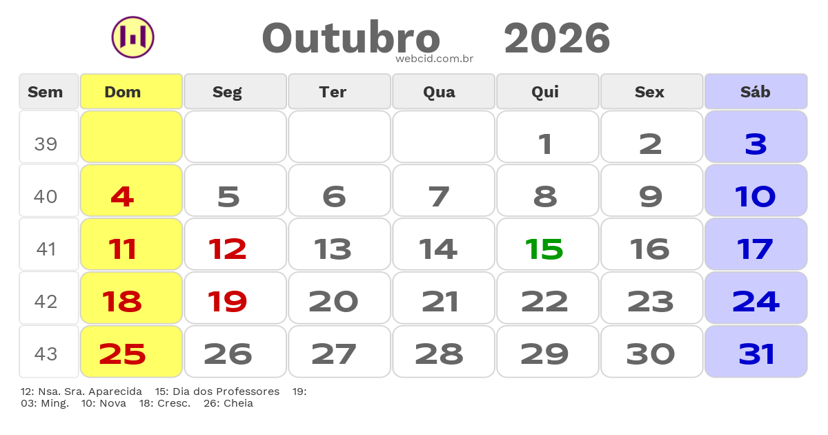 Calendário 2026 - Outubro - Jacarau-PB com feriados e fases da lua