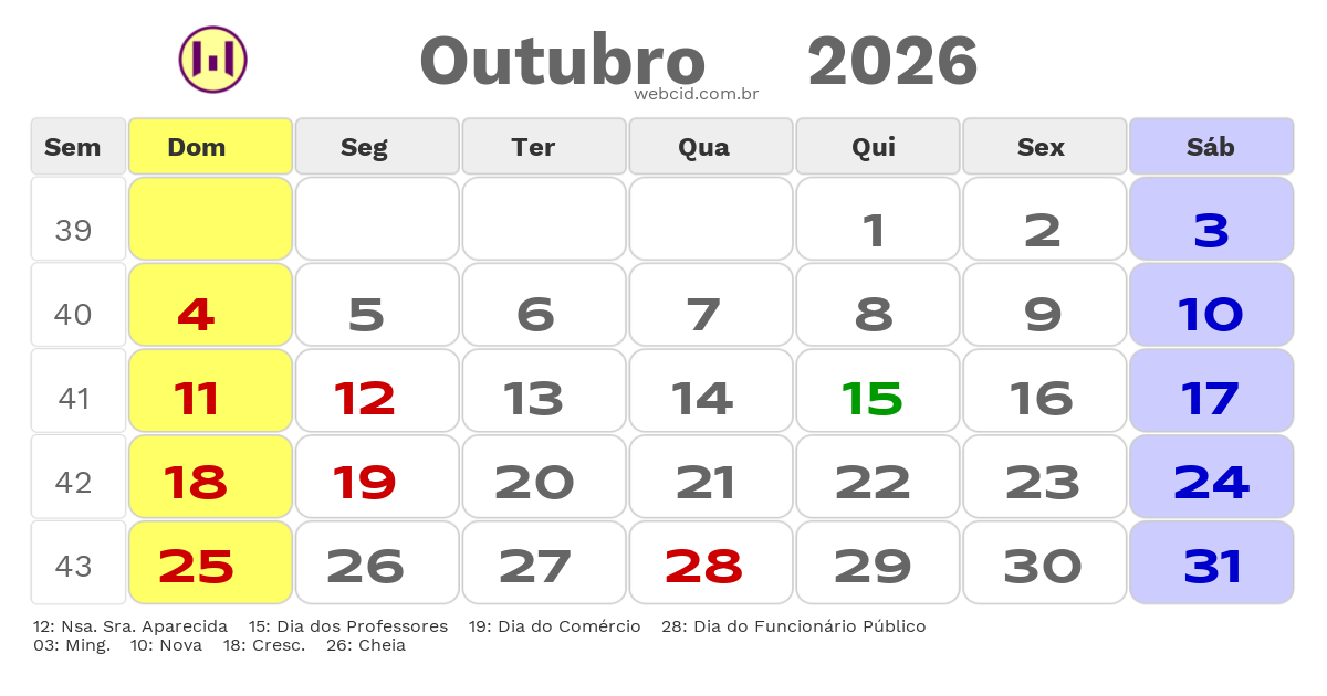 Calendário 2026 - Outubro - Belford Roxo-RJ com feriados e fases da lua