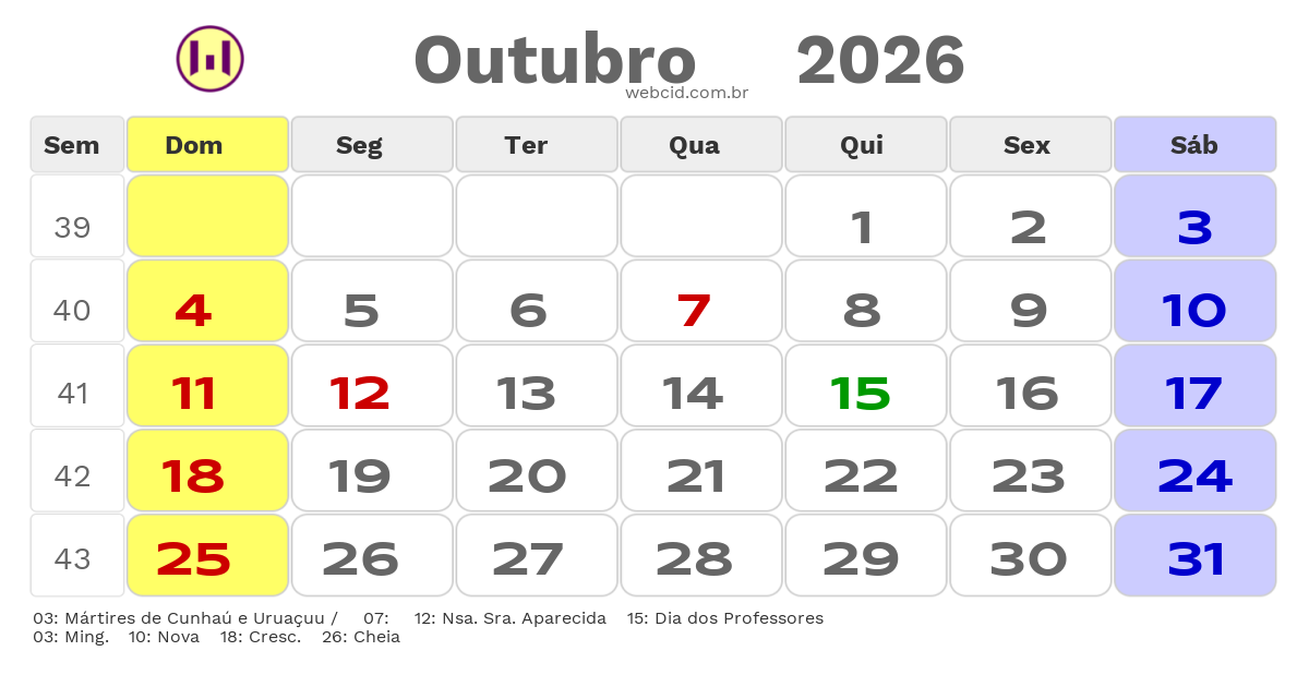 Calendário 2026 - Outubro - Alto do Rodrigues-RN com feriados e fases da lua