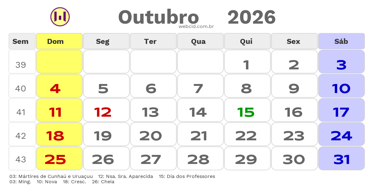 Calendário 2026 - Outubro - Natal-RN com feriados e fases da lua