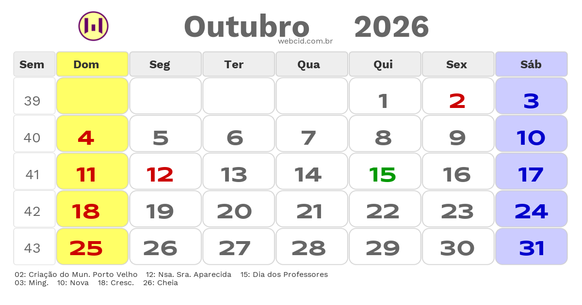 Calendário 2026 - Outubro - Porto Velho-RO com feriados e fases da lua