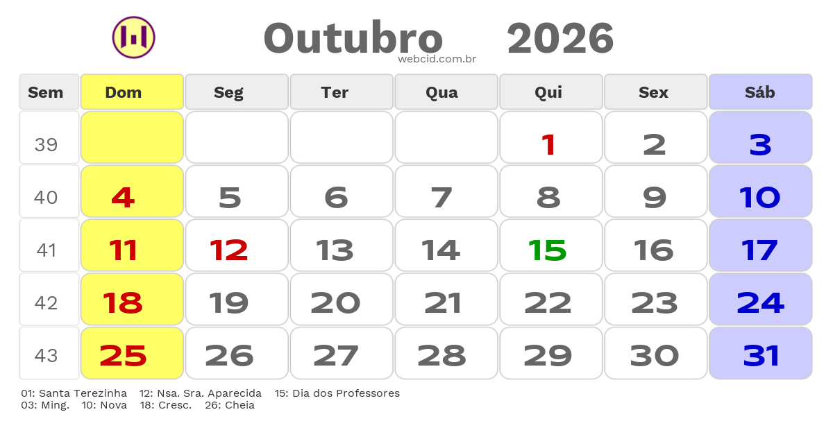 Calendário 2026 - Outubro - Campos do Jordão-SP com feriados e fases da lua