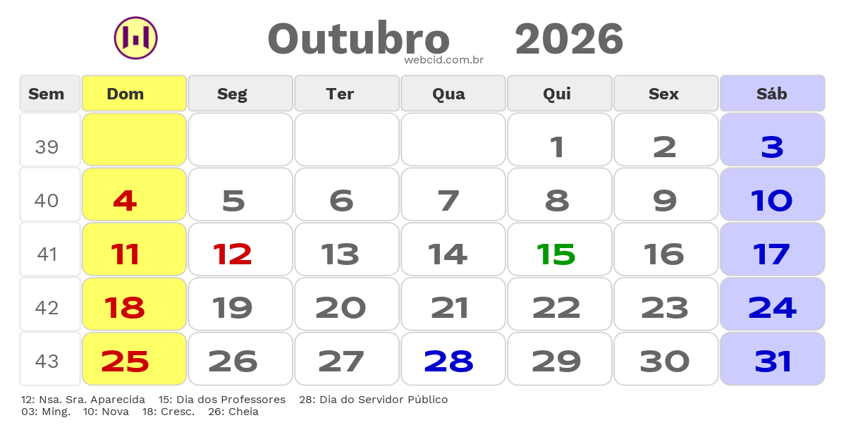 Calendário 2026 - Outubro - Guarujá-SP com feriados e fases da lua