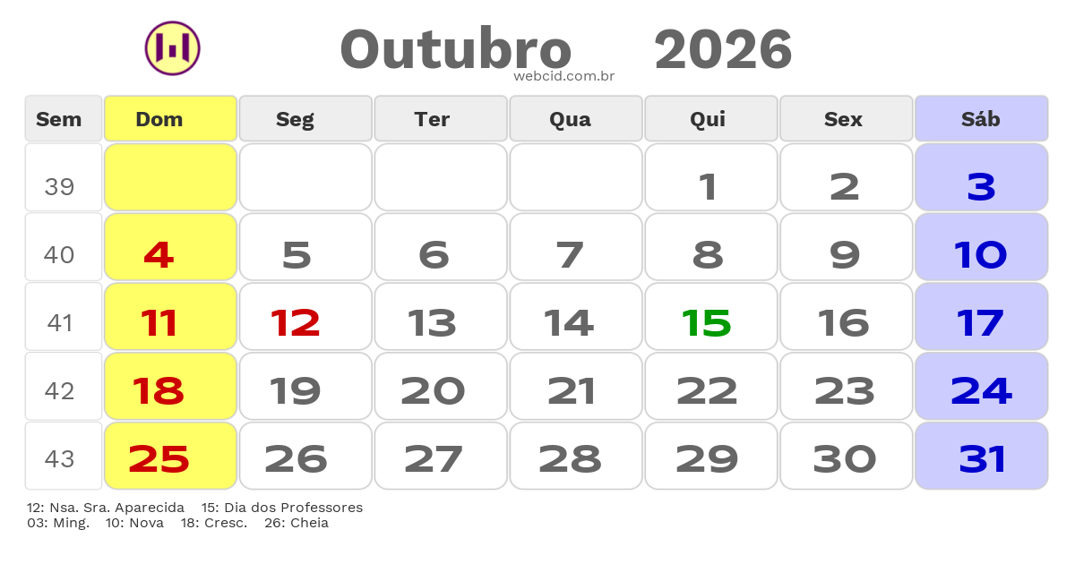 Calendário 2026 - Outubro - Lorena-SP com feriados e fases da lua