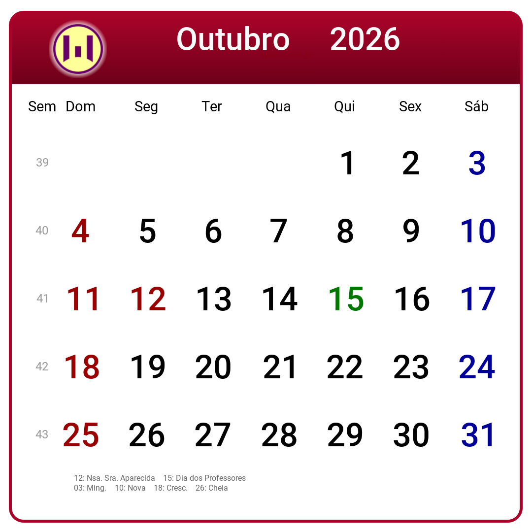 Calendário 2026 - Outubro - Brasil com feriados e fases da lua