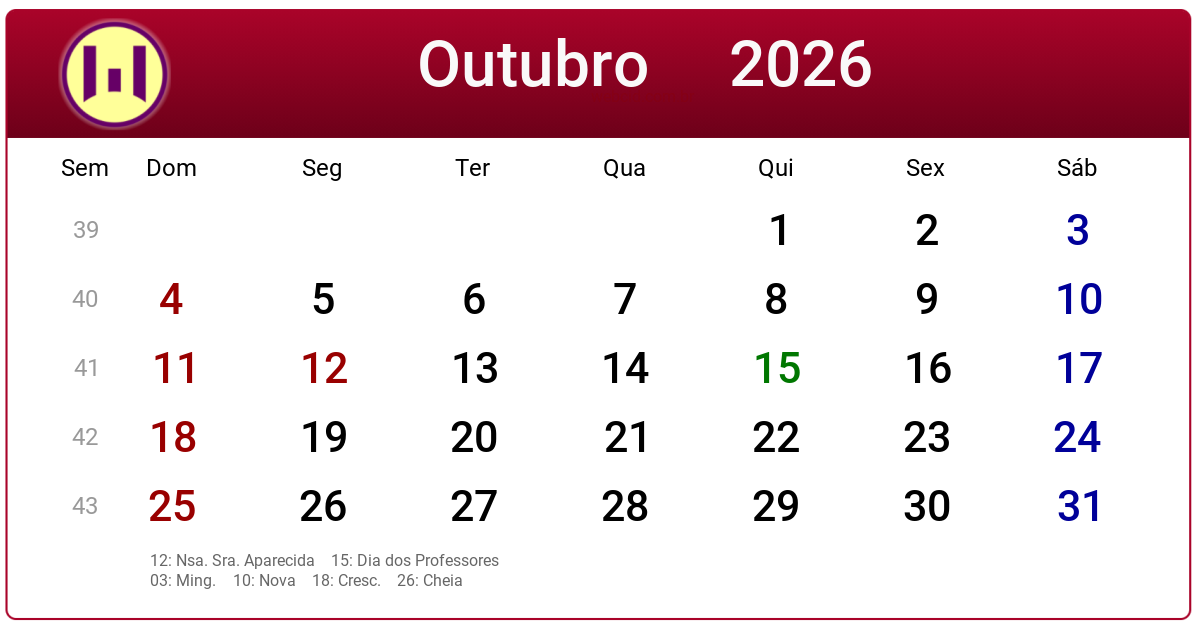 Calendário 2026 - Outubro - Brasil com feriados e fases da lua