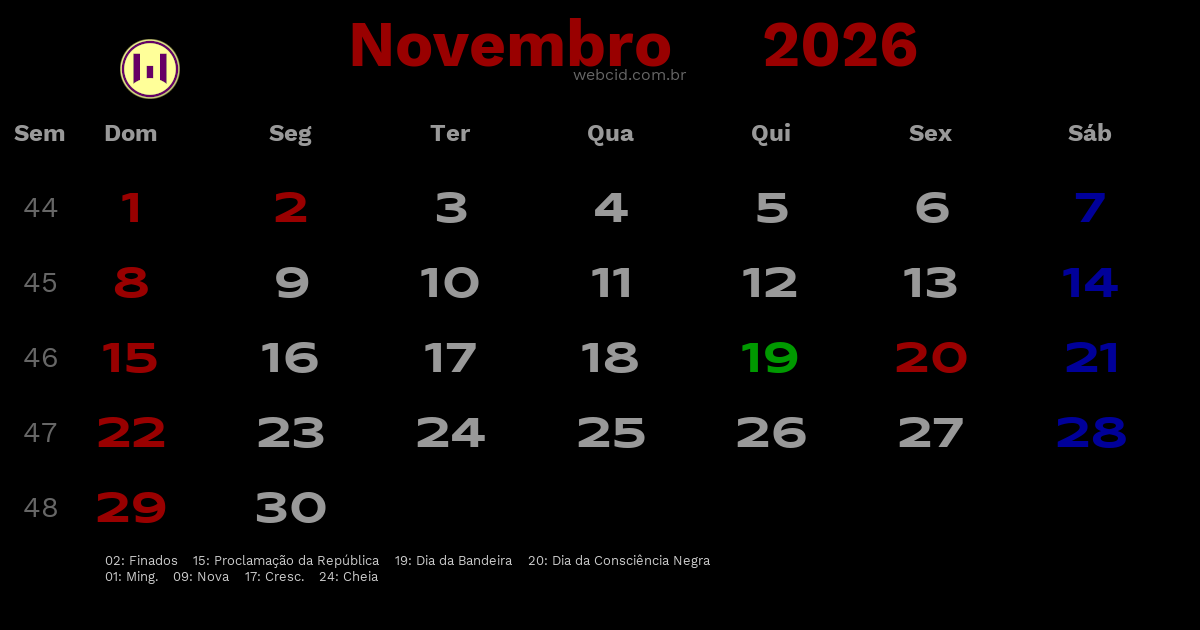Calendário 2026 - Novembro - Brasil com feriados e fases da lua