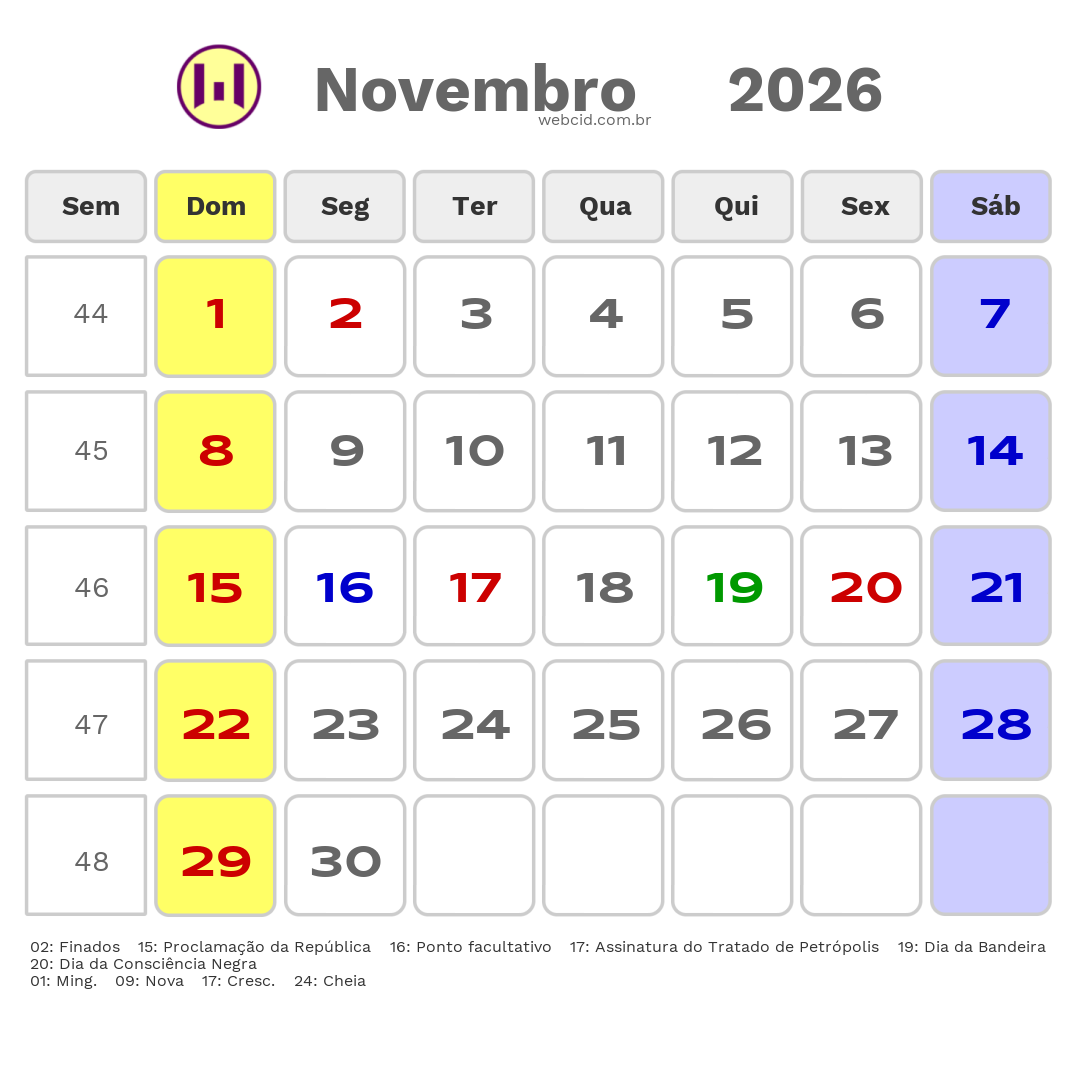 Calendário 2026 - Novembro - Tarauacá-AC com feriados e fases da lua
