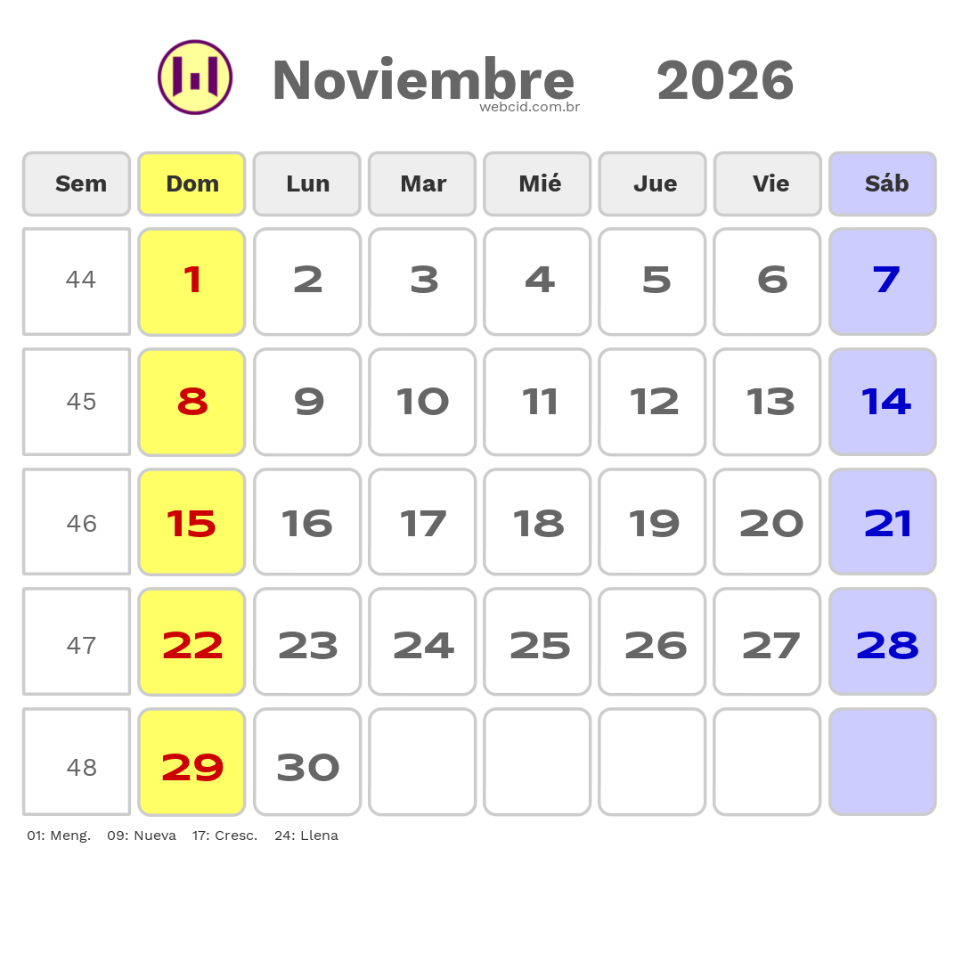 Calendario 2026 - Noviembre - Argentina com feriados e fases da lua