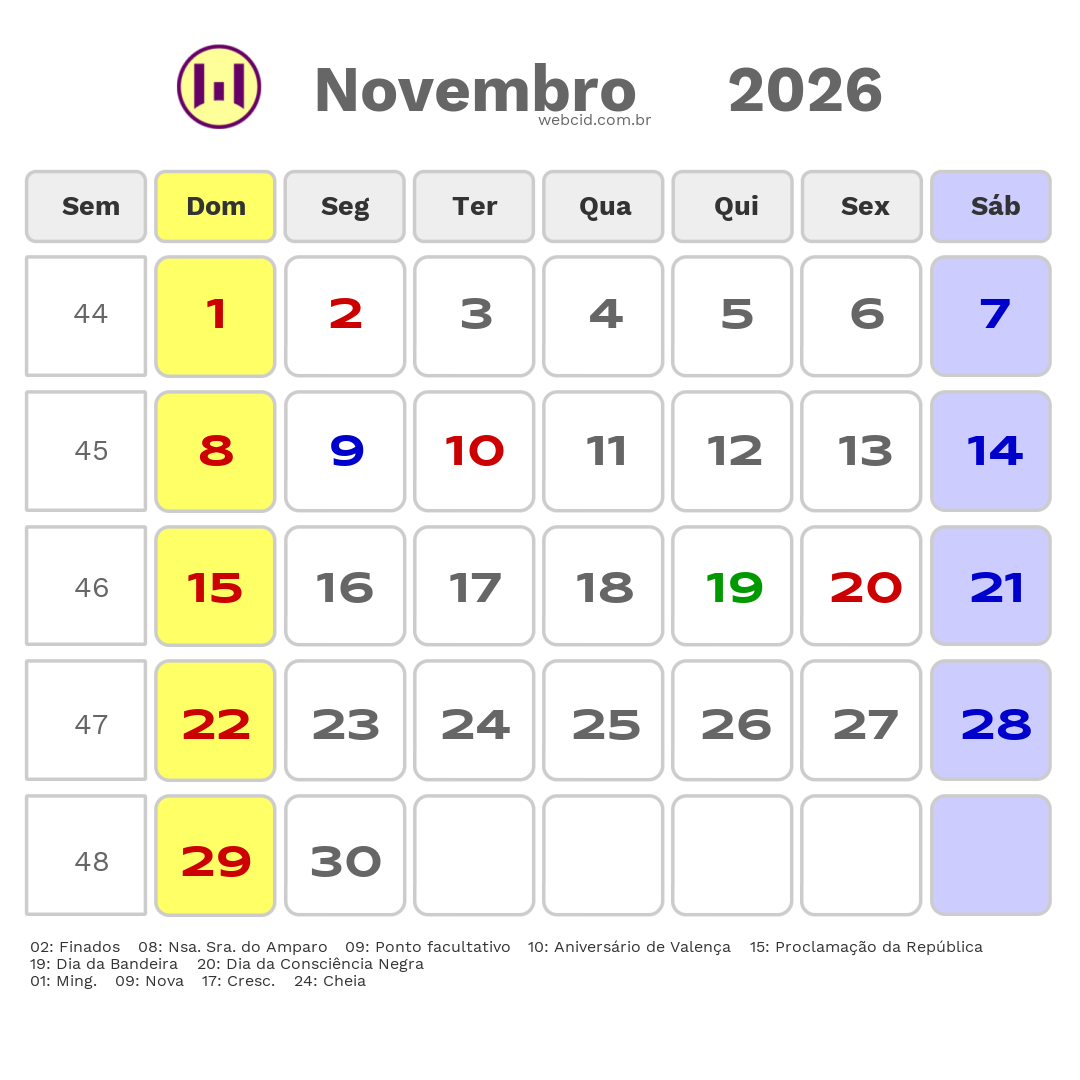 Calendário 2026 - Novembro - Valença-BA com feriados e fases da lua