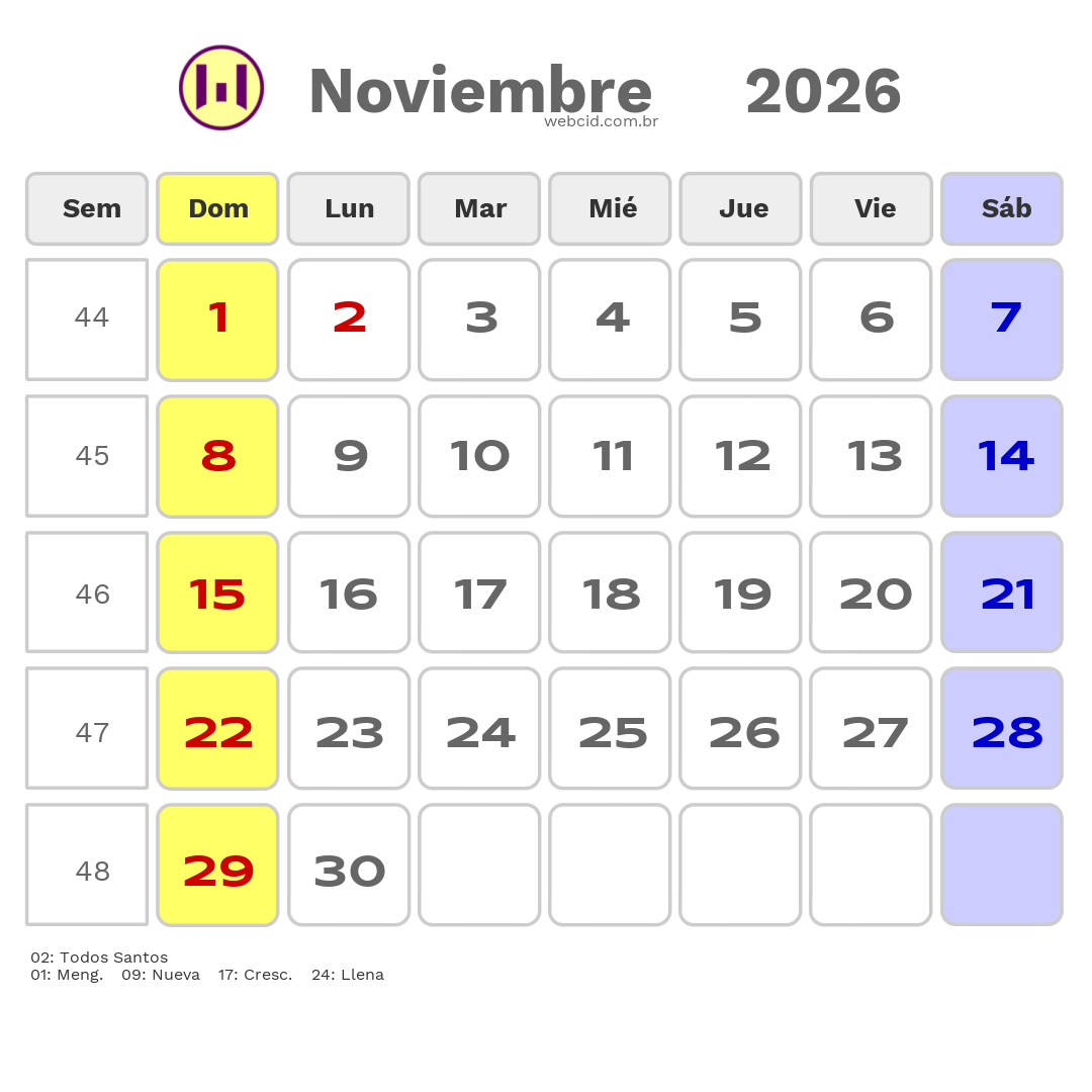 Calendario 2026 - Noviembre - Bolívia com feriados e fases da lua