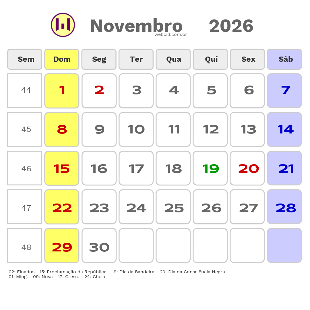 Calendário 2026 - Novembro - Juazeiro do Norte-CE com feriados e fases da lua