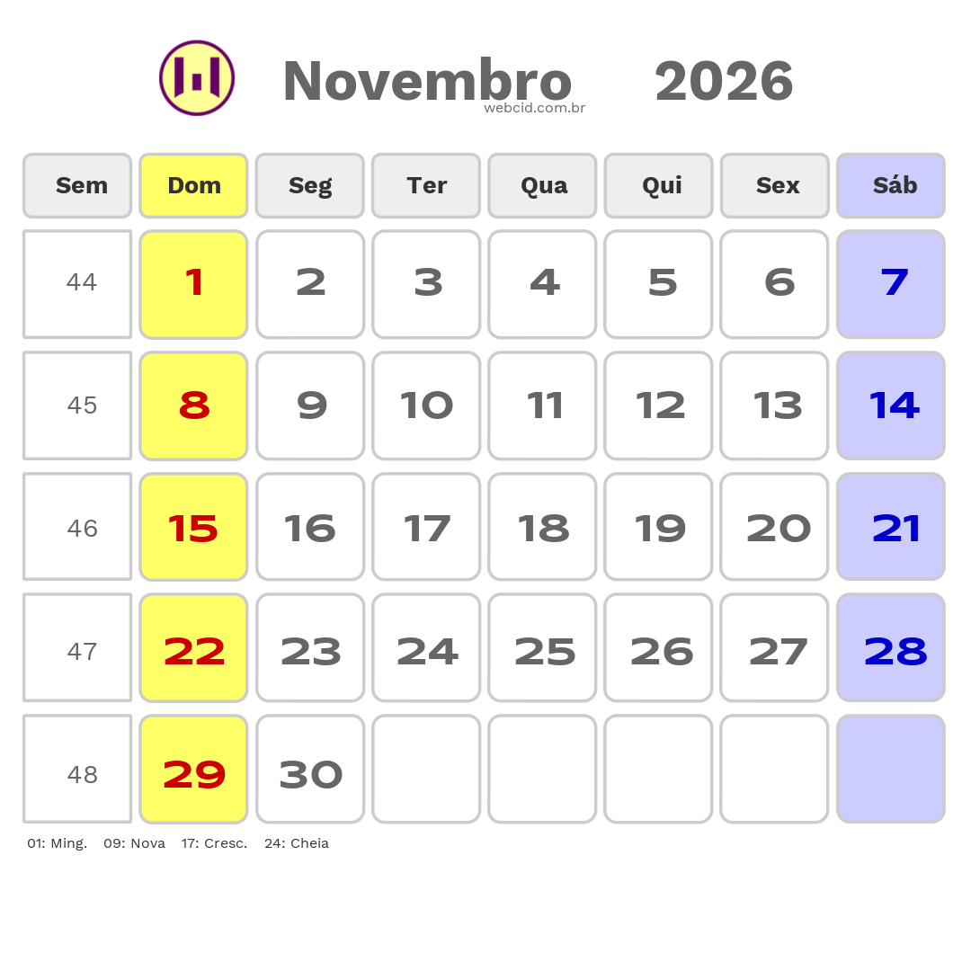 Calendário 2026 - Novembro - Copa do Mundo FIFA com feriados e fases da lua