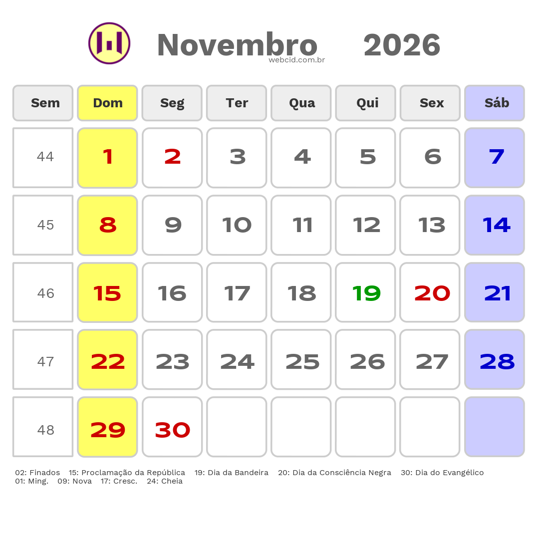 Calendário 2026 - Novembro - Distrito Federal com feriados e fases da lua