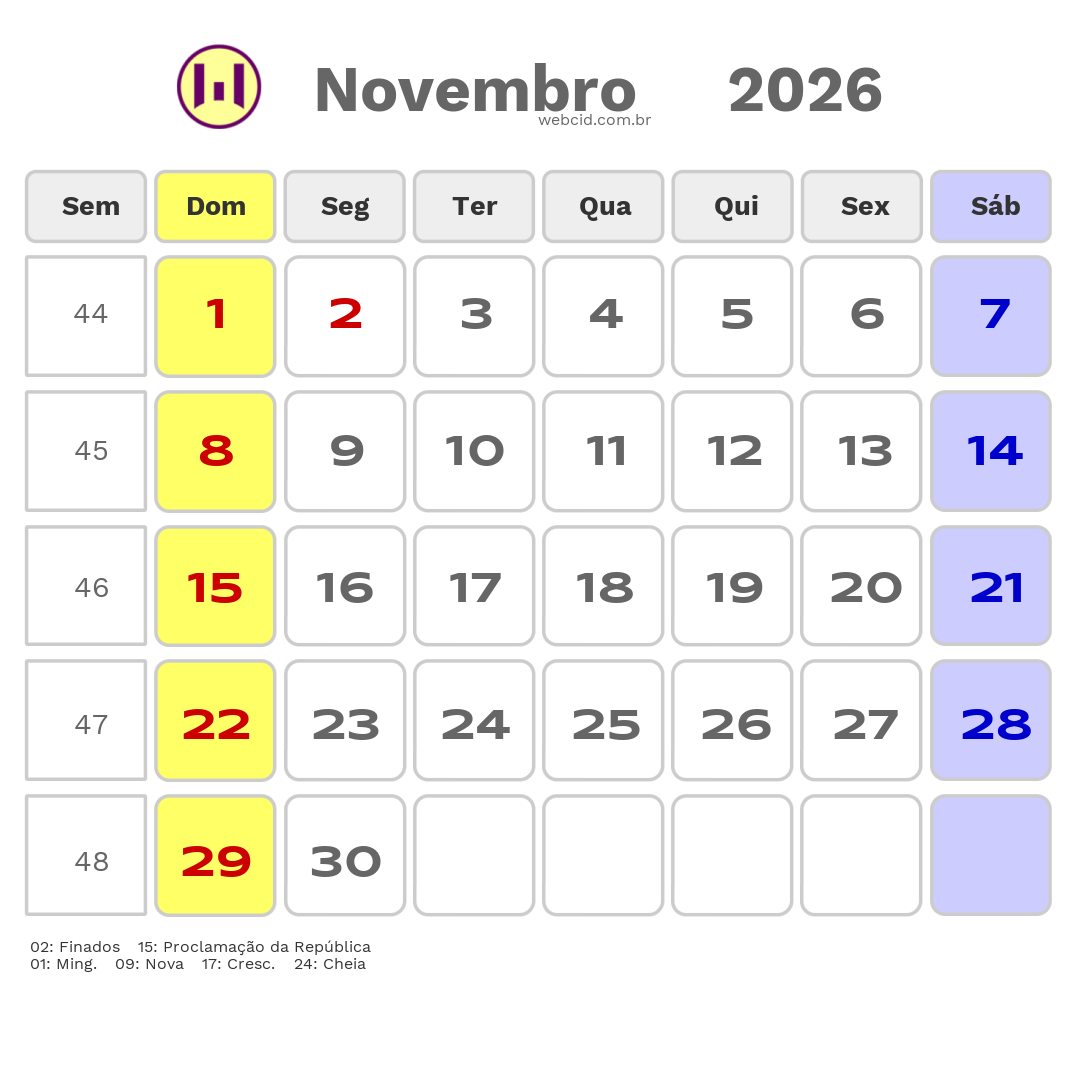 Calendário 2026 - Novembro - Feriados Bancários com feriados e fases da lua