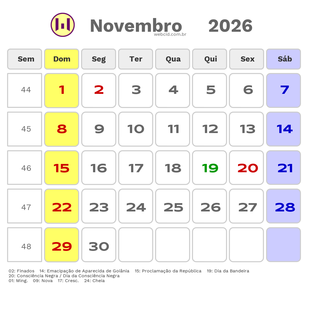 Calendário 2026 - Novembro - Aparecida de Goiânia-GO com feriados e fases da lua